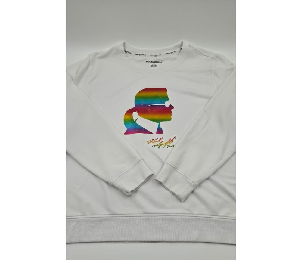 Karl Lagerfeld Paris White Sweatshirt w/ Rainbow Color Foil Silhouette Medium